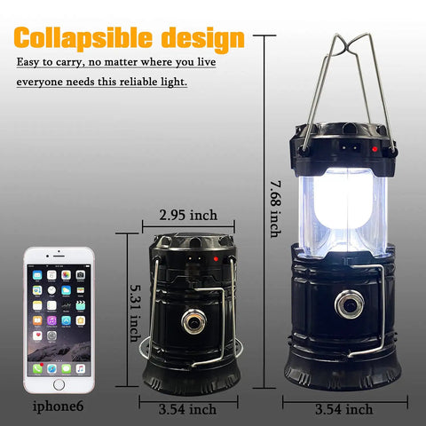 Two Pack Collapsible Camping Lantern With Solar USB Rechargeable Portable Waterproof LED Light next to smartphone for scale.