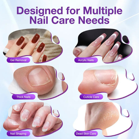 Infographic detailing uses of Cordless Electric Nail Drill For Acrylic Gel Dip Powder Polish With LED Display Pro Grade Kit