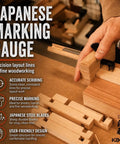 Top Tier Japanese Marking Gauge Double Blade Kebiki Scribe Tool in use for precise wood layout and alignment.