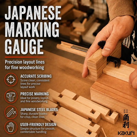 Top Tier Japanese Marking Gauge Double Blade Kebiki Scribe Tool in use for precise wood layout and alignment.