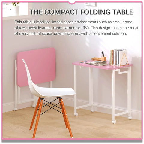 Mobile Folding Laptop Cart On Wheels For Small Spaces 23.6 Inch Rolling Computer Desk In Pink And White Portable Office Desk