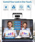 Image of a 2K Webcam With Built In Ring Light Ultra HD Web Camera For Desktop Computers showing features on a laptop screen.