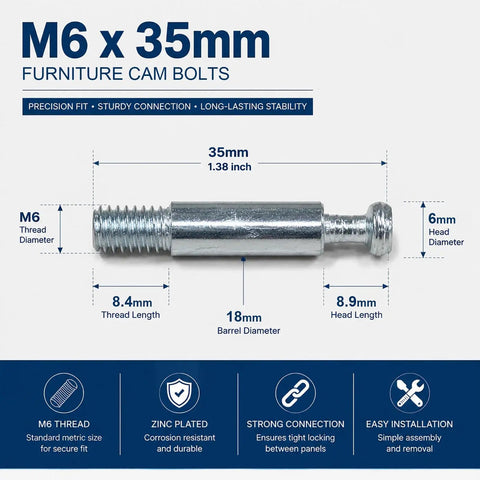 10 Pcs 35mm Cam Bolts for Furniture Assembly and Repair M6 Cam Connector Bolts for Cabinets Drawers Wardrobes and Tables