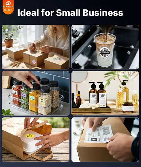 Collage showing Wireless Bluetooth 4x6 Thermal Shipping Label Printer For Fast Package Labeling, food, and product use.