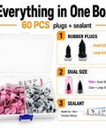 60 Piece Tire Repair Screws With Sealant Heavy Duty Tubeless Tire Plug Kit displayed in open box with plugs and sealant