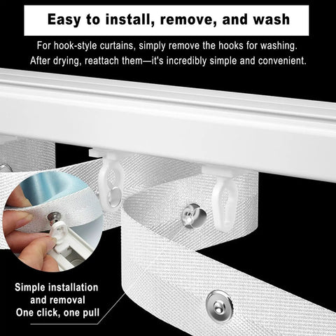 Heavy Duty Ripplefold Snap Track With Tape Set for Silent, Smooth Curtain Runs, Aluminum Rail, Fits 3.3ft to 19.7ft Lengths, White rail with hook curtain clips