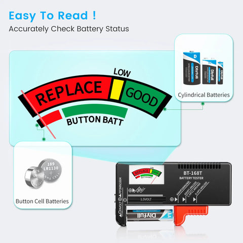 Magnetic Battery Tester For AA AAA C D 9V And 1.5V Button Cells With Secure Magnetic Hold Delivers Fast Accurate Checks On Household Alkaline Batteries No Drama, BT-168T tester with dial