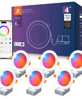 DUSKTEC Smart Recessed Lighting 4 Inch Color Changing LED Recessed Lights with colorful light and packaging on a smartphone.
