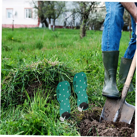 Lawn with a person using a shovel and Durable Nylon Lawn Aerator Shoe Straps for Manual Aerator Shoes in a garden setting