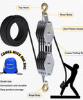 Beefy Heavy Duty Block And Tackle Pulley System 2200Lb Capacity with steel bolts, zinc-plated housing, and rope stop visible
