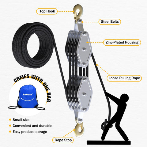 Beefy Heavy Duty Block And Tackle Pulley System 2200Lb Capacity with steel bolts, zinc-plated housing, and rope stop visible