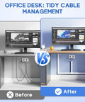 Before and after of 315 Inch Paintable Cord Hider Kit Cable Raceway for Wall Mount TV showing tidy desk cable management.