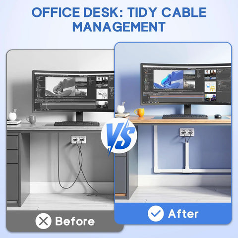 Before and after of 315 Inch Paintable Cord Hider Kit Cable Raceway for Wall Mount TV showing tidy desk cable management.
