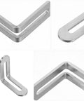 4 close-up views of stainless steel L-shaped brackets for furniture frames and wood shelves with slotted design, 20 pack