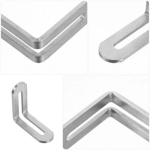 4 close-up views of stainless steel L-shaped brackets for furniture frames and wood shelves with slotted design, 20 pack