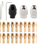 All In One Keyless Drill Chuck Collet Set For Rotary Tools 1/32 To 1/8 Inch Shanks Replacement Kit with accessories displayed