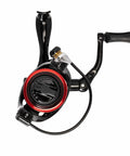 Front view of VC20BB Finesse 2000 Sized Spinning Reel With Dope Carbon Fiber Frame For Lightweight Strength, red and black design.