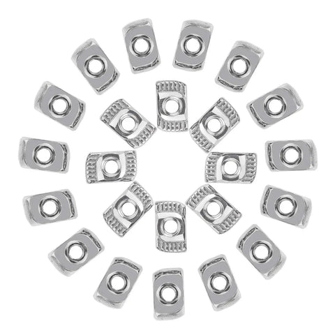 100 Pack M3 T Slot Hammer Head Nuts For 2020 Aluminum Profile, nickel plated steel fasteners arranged in a circular pattern.
