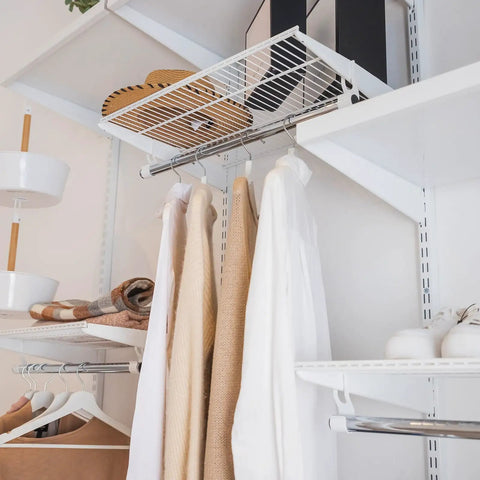 Twin Rail Upright Wall Shelving System Kit 47.5 Inch With 6 Shelf Brackets 14.5 Inch Heavy Duty Adjustable Go To Metal Storage Rack For Kitchen Closet Home Indoor White in closet