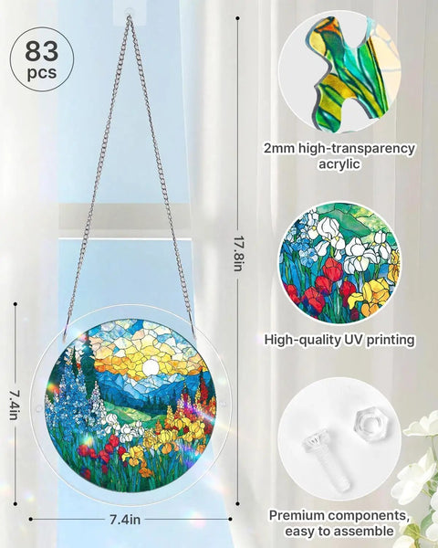 Moonlit Dragonfly Jigsaw Puzzle Sun Catcher Kit in round 7.4in acrylic with colorful landscape design, hanging by window