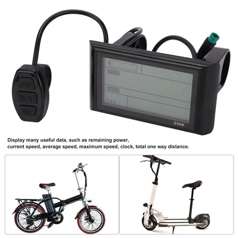 LCD S900 Display Panel for 36V 48V electric bikes with controller compatibility, shown with bike connection and control buttons.