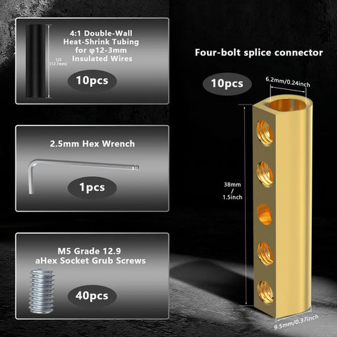 10 Pack 10 To 6 AWG Wire Connector Nut Kit With 80A Brass Terminals Heat Shrink Butt Connectors M5 Screws And Wrench