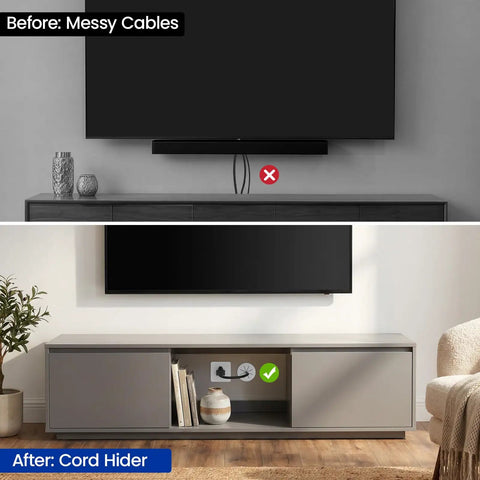 Before and after of TV setup with In Wall Cable Management Kit For TVs And Home Theaters Two Pack With 2-3/8 Inch Hole Grommets