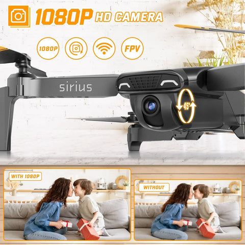 Close-up of a foldable kids drone with 1080P HD camera showcasing FPV capabilities and adjustable angle features indoors.