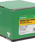 Heavy Duty Hammer Drive Anchors 1/4 X 1 1/2 Inch 100 Pack Zamac Alloy Masonry Fasteners packaging for easy identification.