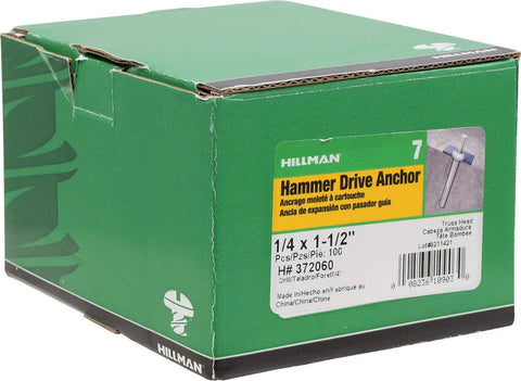 Heavy Duty Hammer Drive Anchors 1/4 X 1 1/2 Inch 100 Pack Zamac Alloy Masonry Fasteners packaging for easy identification.