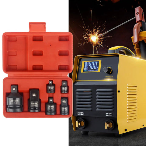 Six Piece Impact Socket Adapter Kit With Case For Size Conversion And Socket Reducer Tool For Impact Drivers displayed next to a welding machine and sparks.
