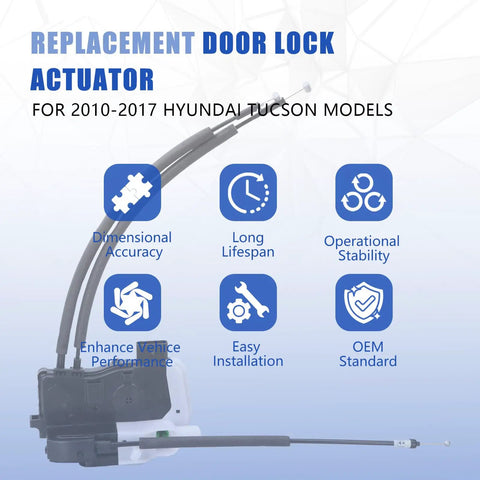 Front Left Driver Side Door Lock Actuator For Hyundai Tucson 2010 Through 2017 Electric Power Latch Motor with cables and icons.