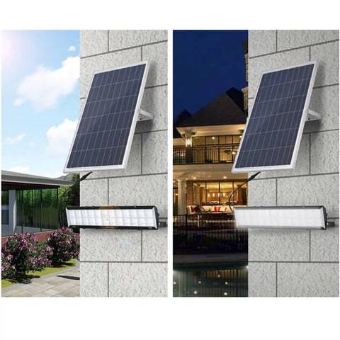 JUDYSSY Solar Powered Street Flood Lights Outdoor Led Waterproof Lamp with Remote Control mounted on wall, showing solar panel and light.