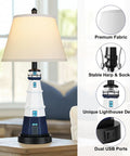Three Way Dimmable Bedside Touch Lamps Set Of 2 With USB Ports Rustic Gray Resin Table Lamps With Linen Shades For Bedroom Living Room Farmhouse Style Nightstand Lights For Study lighthouse-shaped lamp with linen shade and USB ports.