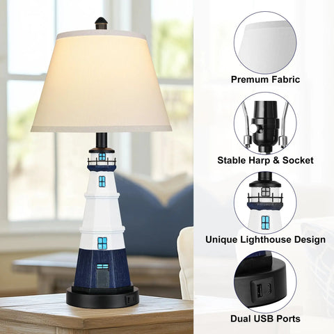 Coastal Lighthouse Vibe Table Lamps Set Of 2, 3-way dimmable nightstand lamp with dual USB ports, unique lighthouse design.