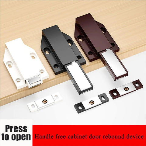 Heavy Duty Magnetic Push To Open Cabinet Latch For Doors And Drawers, black and white options on wood surface, includes latch hardware