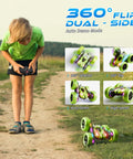 4WD Remote Control Car With 360 Flip And Double Sided Stunt Play All Terrain Off Road Toy With LED Light Bar And USB C Modular Battery One Tap Demo And Light Show Rugged Black Green Great Gift For Birthday Parties Outdoors