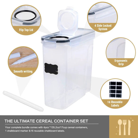 4 Piece Large Cereal Storage Set With Airtight BPA Free Plastic Containers, 135.2oz Capacity Each, shown with labels and marker