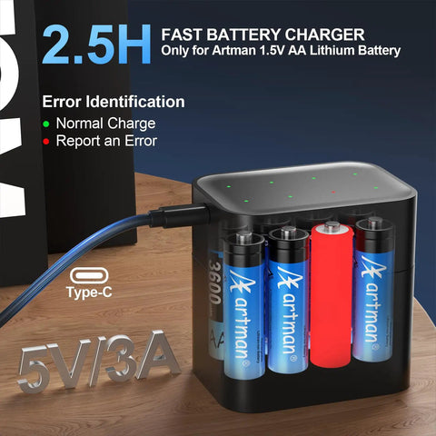 Fast charger with 8-Pack AA Lithium Rechargeable Batteries, blue and red, in charging box; USB-C cable connected; 3600mWh capacity. Rechargeable Lithium AA Batteries With Charger 8 Pack High Capacity 3600mWh Double A Batteries For Blink Outdoor Camera And Other Smart Home Devices 1.5V Constant Output Up To 2000 Cycles.