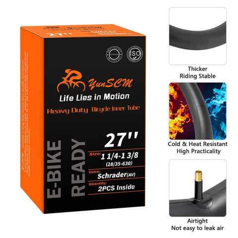 Box and features of Two Pack Heavy Duty Bike Tubes With AV32mm Schrader Valve for 27x1 1/4 and 27x1 3/8 tires