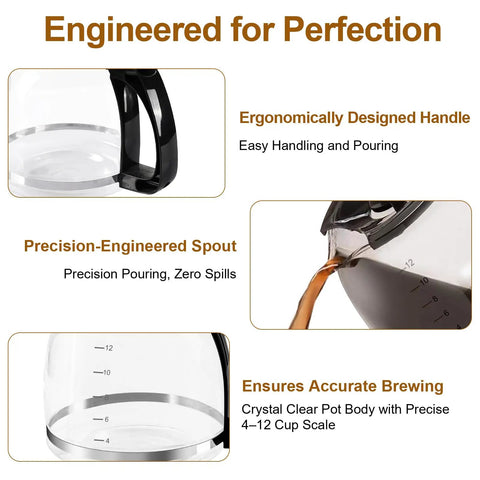 Universal 12 Cup Glass Carafe Replacement Pot For Most 12 Cup Drip Coffee Makers with ergonomic handle and measurement marks
