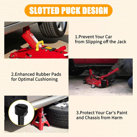 Slotted puck design jack pad adapters for BMW and Mini cars, protecting pinch weld and paint with heavy duty floor jack rubber pads.