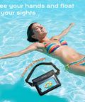 Woman floating in pool with Go-To IPX8 Waterproof Fanny Pack For Women Up To 8.5 Inches Floating Phone Pouch showing floating feature.