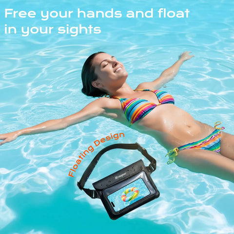 Woman floating in pool with Go-To IPX8 Waterproof Fanny Pack For Women Up To 8.5 Inches Floating Phone Pouch showing floating feature.