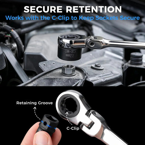 16.5 Inch Long Flex Head Nano Ratchet Wrench With 19 Piece Three Eighths Inch Drive Nano Impact Socket Set Includes 6mm To 24mm Metric Sockets Low Profile CrMo Sockets For Tight Spaces And Quick Fastening with 22mm socket and C-clip retention