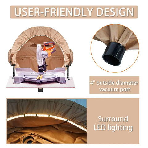 Dust Collection Hood With Light For Miter Saws, Keeps Fine Dust From Escaping, Built In LED Lighting, compact design fits 10 inch saws
