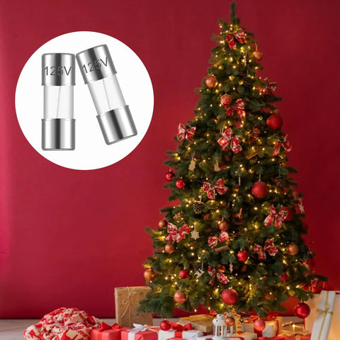 20 Pack Fast Blow Glass Fuses 3A 125V 3.6x10mm for Christmas lights protection, displayed with a decorated Christmas tree in background.