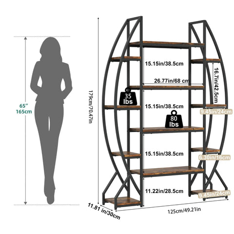 Industrial Oval Etagere Bookshelf With Triple Wide Design And Five Tiers Boss Black Iron Pipe Frame And Wood Shelves dimensions