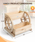 Cute Wooden Wagon Planter Box With Storage, Rustic Wheel Planter Decor For Flowers, Herbs And Vegetables, Indoor Outdoor Bench Cart With Two Tires, Natural Wood For Patio Balcony And Garden shown with dimensions and weight on patio