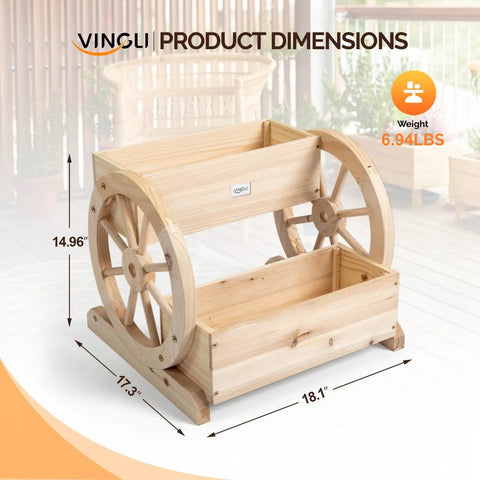 Cute Wooden Wagon Planter Box With Storage, Rustic Wheel Planter Decor For Flowers, Herbs And Vegetables, Indoor Outdoor Bench Cart With Two Tires, Natural Wood For Patio Balcony And Garden shown with dimensions and weight on patio